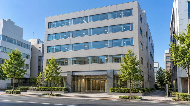 朝の光の中、6階建てほどのオフィスビルの外観を通りの向かい側から目線の高さでのイメージ