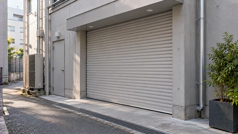 事業所ビルの裏手にある、シャッターが閉まった搬入口を、裏の通路から目線の高さでのイメージ
